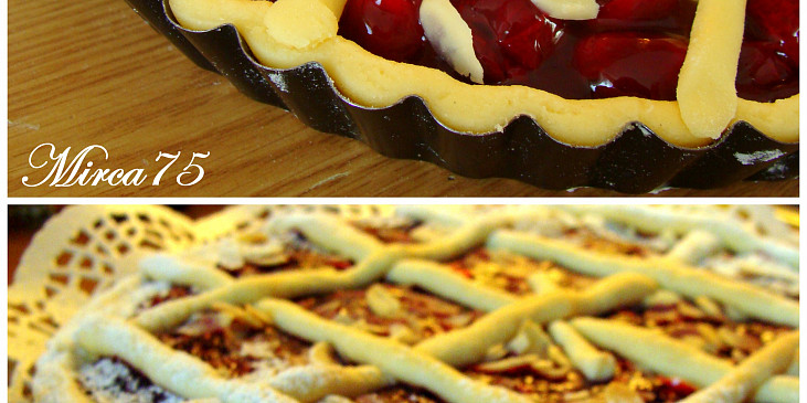 Letní višňový koláč s mandlemi a mascarpone (Před a po upečení)