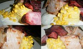 Vepřová panenka s bramborovo-kukuřičným dortíkem a sýrovou omáčkou, ozdobené slaninou (....)
