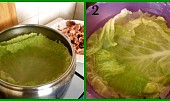 Chutné závitky v kapustovém kabátku (1.listy 4minuty ve vařící vodě povaříme2.a ve studené vodě ochladíme)