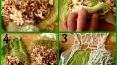 Chutné závitky v kapustovém kabátku, 1.potřeme hořčicí,osolíme,opepříme,rozprostřeme náplň2.zavineme do závitků3.zabalíme do bránice