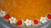 Dort mandarinkový s kytičkama a s alginátovým ovocem