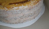 Dort mandarinkový s kytičkama a s alginátovým ovocem, krémem pomažeme boky dortu a posypeme kokosem