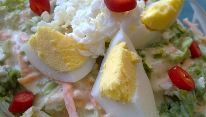 Kadeřavý  salát  s mozzarellou, jogurty, mrkví a vejci