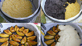 Křehký koláč s mákem, tvarohem a švestkami, 1.vrstva drobenka; 2.máková náplň; 3.švestky; 4.tvarohová náplň