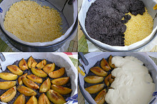 1.vrstva drobenka; 2.máková náplň; 3.švestky; 4.tvarohová náplň