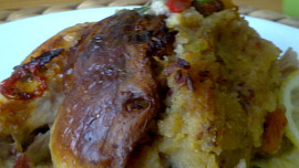 Kuře  plněné směsí z cukety, slaniny a barevné zeleniny