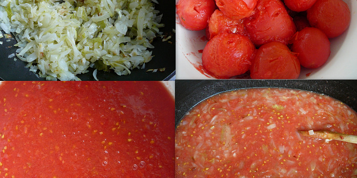 osmažíme cibuli,spaříme rajčata,oloupaná rajčata pomeleme a dusíme s cibulí