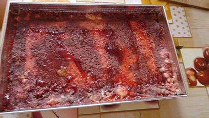 Ovocný řez s perníkovou příchutí, korpus potřený marmeládou