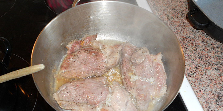 Vepřové plátky na bramborové šťávě (maso pořádně opečeme na lžičce tuku s malým…)