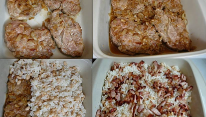 Vsetínské fazolové žebro, osmaženou cibuli s masem do pekáče,zasypeme směsí rýže+fazolí,zalijeme křupavou slaninou a zapečeme