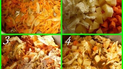 Krémová všehochuť s anglickou slaninou, 1.orestujeme cibuli a mrkev2.přidáme zeleninu3.přidáme koření4.zalijeme a vaříme 