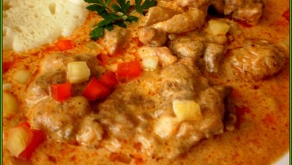 Kuřecí plátky na špeku a čerstvých paprikách, detail hotového pokrmu