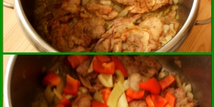 Kuřecí plátky na špeku a čerstvých paprikách (1.osmahneme slaninu,orestujeme cibuli,vložíme…)