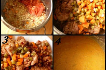 1.na osmažené cibuli se slaninou necháme orestovat maso2.přisypeme ostatní suroviny a vodu a vaříme 15min.3.maso a část zeleniny dáme bokem4.zbytek ponor.mixerem rozmixujeme
