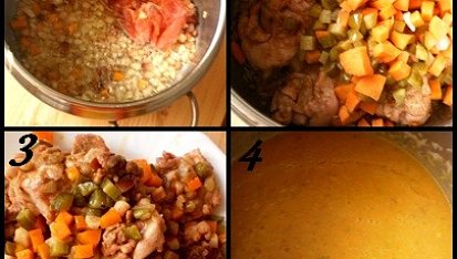 Kuřecí plátky s příchutí "Znojma", 1.na osmažené cibuli se slaninou necháme orestovat maso2.přisypeme ostatní suroviny a vodu a vaříme 15min.3.maso a část zeleniny dáme bokem4.zbytek ponor.mixerem rozmixujeme