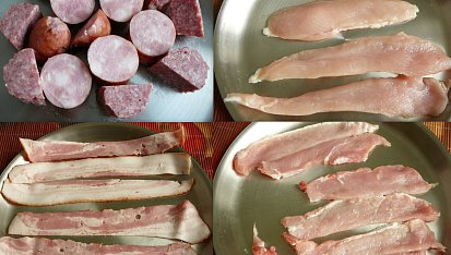 Masové šneky, suroviny: klobáska/kuřecí/slanina/vepřové