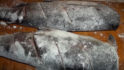 Mořský pstruh na víně a bobkovém listě s příchutí jablka, obalíme v mouce a otřepeme...