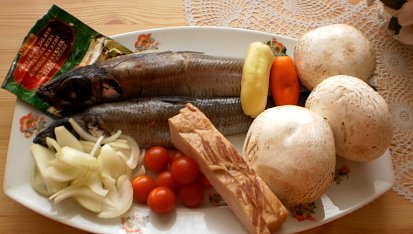 Pstruh na zelenině z jednoho pekáčku, část použitých surovin