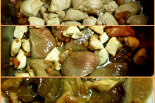 na osmažené slanině podusíme drůbeží kostky,přidáme játra,orestujeme,podlijeme vínem,chvíli podusíme,přidáme zbývající suroviny,provaříme a podáváme s rýží
