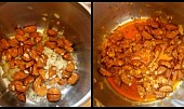 Pikantní polévka z červené řepy (na oleji zpěníme cibuli,přidáme klobásu a orestujeme,až pustí šťávu)