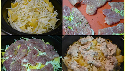 Česnekové smotky z vepřového masa na bramborách a zelí v PH