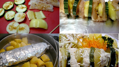Dietní kuřecí špíz se zeleninou vařený v páře