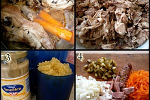 1.skelety uvaříme doměkka2.maso obereme a nakrájíme3.těstoviny dle návodu4.uzeninu a zeleninu nakrájíme a nastrouháme