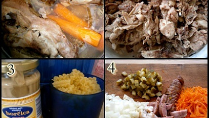 Šunkafleky netradičně, 1.skelety uvaříme doměkka2.maso obereme a nakrájíme3.těstoviny dle návodu4.uzeninu a zeleninu nakrájíme a nastrouháme