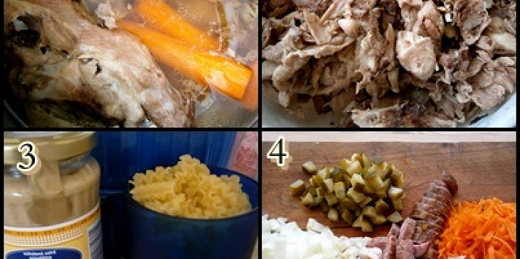 1.skelety uvaříme doměkka2.maso obereme a nakrájíme3.těstoviny dle návodu4.uzeninu a zeleninu nakrájíme a nastrouháme