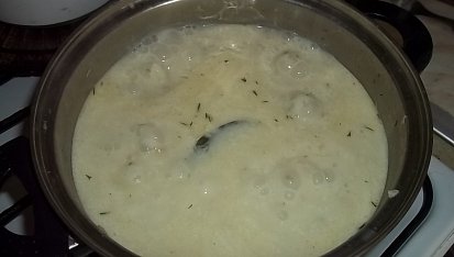 Koprová polévka na kyselo s fazolemi, polévka se vaří...