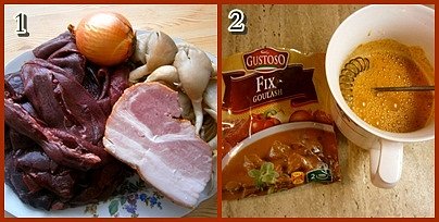 Slezinkový guláš s hlívou ústřičnou, 1.část použitých surovin2.ve 3dl studené vody rozmícháme fix goulash
