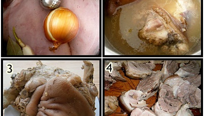 Vepřové kolínko z papiňáku dopékané v troubě, 1.pod tlakem vaříme 50minut2.vývar3.uvařené kolena4.vykostíme a naporcujeme