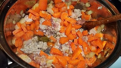 Kořeněná mrkvová polévka s rýží, mletým masem a smetanou, mrkev s masem a cibulí osmažíme a dusíme