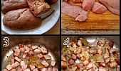 "Kouličkový" gulášek, 1.část použitých surovin2.ze 3ks žláz uděláme 48kostek3.osmažíme slaninu a koření4.přidáme sibuli a smažíme dozlatova