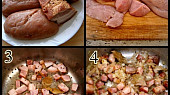 "Kouličkový" gulášek, 1.část použitých surovin2.ze 3ks žláz uděláme 48kostek3.osmažíme slaninu a koření4.přidáme sibuli a smažíme dozlatova