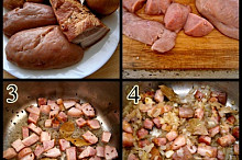 1.část použitých surovin2.ze 3ks žláz uděláme 48kostek3.osmažíme slaninu a koření4.přidáme sibuli a smažíme dozlatova