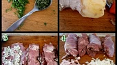 Krůtí bylinkové závitky v papiňáku, 1.nasekané bylinky do másla2.kořen zázvoru3.maso naklepeme,okořeníme,potřeme bylinkovým máslem a zavineme4.nakrájená slanina+cibule a nití zajištěné závitky