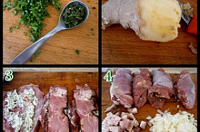 1.nasekané bylinky do másla2.kořen zázvoru3.maso naklepeme,okořeníme,potřeme bylinkovým máslem a zavineme4.nakrájená slanina+cibule a nití zajištěné závitky