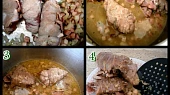 Krůtí bylinkové závitky v papiňáku, 1.na orestované slanině,cibuli a zázvoru zatáhneme maso2.podlijeme vodou+bujón a vaříme 10minut3-4hotové maso vytáhneme i s hustou částí