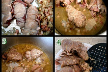 1.na orestované slanině,cibuli a zázvoru zatáhneme maso2.podlijeme vodou+bujón a vaříme 10minut3-4hotové maso vytáhneme i s hustou částí