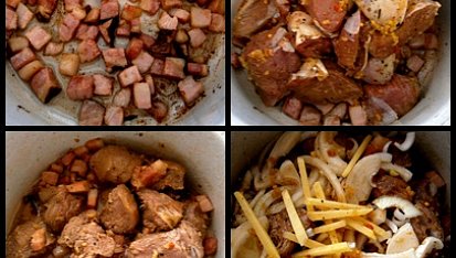 Krůtí kostky na čerstvém zázvoru, osmahneme slaninu,přidáme maso,necháme zatáhnout,přidáme cibuli-zázvor-marinádu a pečeme 15minut