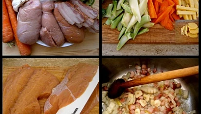 Pikantní "býčí" delikatesa se šťouchanými bramborami, část použitých surovin+postup