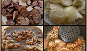 Šťavnatá všehochuť aneb"co lednice dala", část použitých surovin+maso v marinádě+postup práce