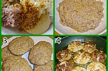 1.použité suroviny2.namíchané těsto3.vytvořené karbenátky4.smažíme
