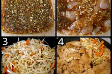 1.připravená marináda2.mírně naklepané a naložené maso3.orestujeme zeleninu4.zeleninu odhrneme ke straně a po obou stranách dáme zatáhnout  naložené maso