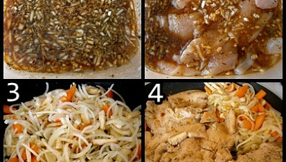 Choceňský kastrol, 1.připravená marináda2.mírně naklepané a naložené maso3.orestujeme zeleninu4.zeleninu odhrneme ke straně a po obou stranách dáme zatáhnout  naložené maso