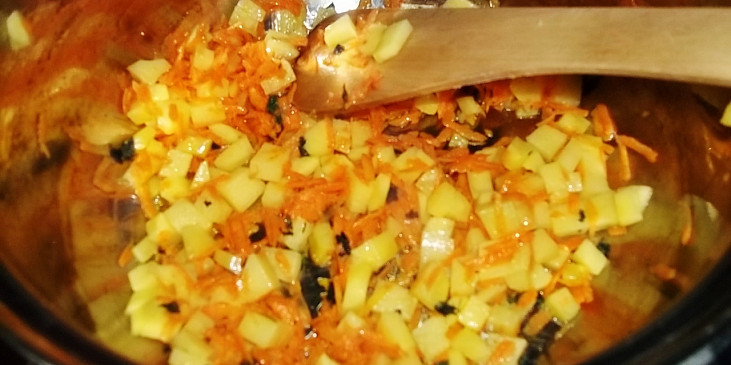 Kopřivačka-polévka pro zdraví (na oleji si osmažíme mrkev a brambory...)