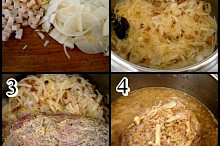 1.nakrájíme slaninu a všechny cibule2.osmahneme slaninu,přidáme cibuli a orestujeme3.směs odhrneme na kraj hrnce a zatáhneme maso4.podlijeme 4dl vody+bujón a vaříme 55minut