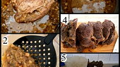 Pikantní hovězí kližka z papiňáku (1.maso po uvaření2.odebereme část hustého3.šťávu rozmixujeme4.maso nakrájíme5.nachystáme rýži)