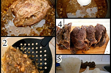 1.maso po uvaření2.odebereme část hustého3.šťávu rozmixujeme4.maso nakrájíme5.nachystáme rýži